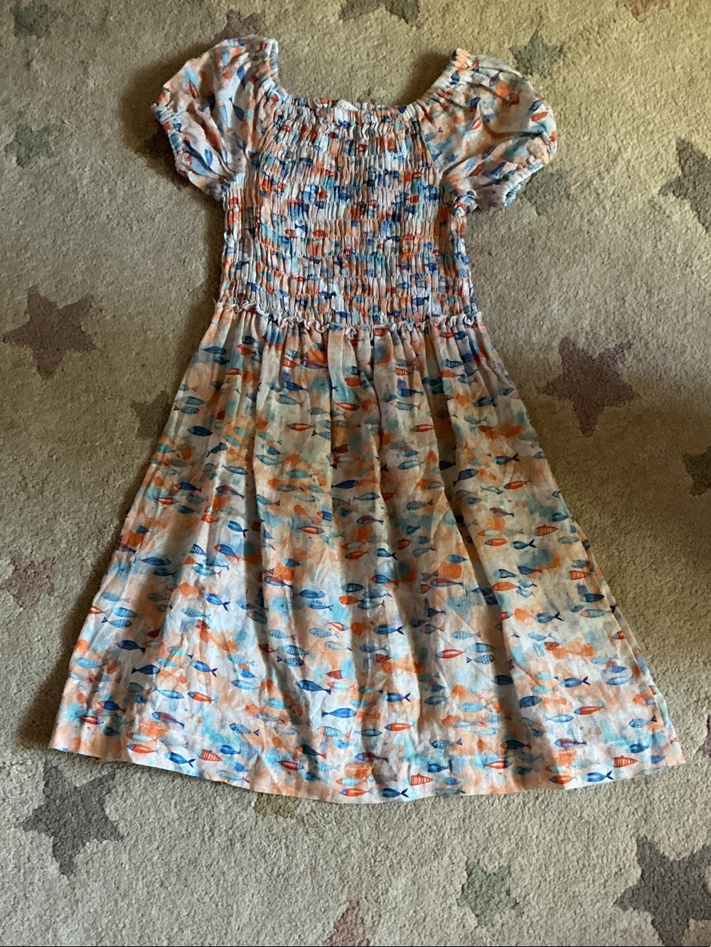 Girls' Smocked Short-Sleeve Dress in Blue & Orange Fish Print- 100% Linen